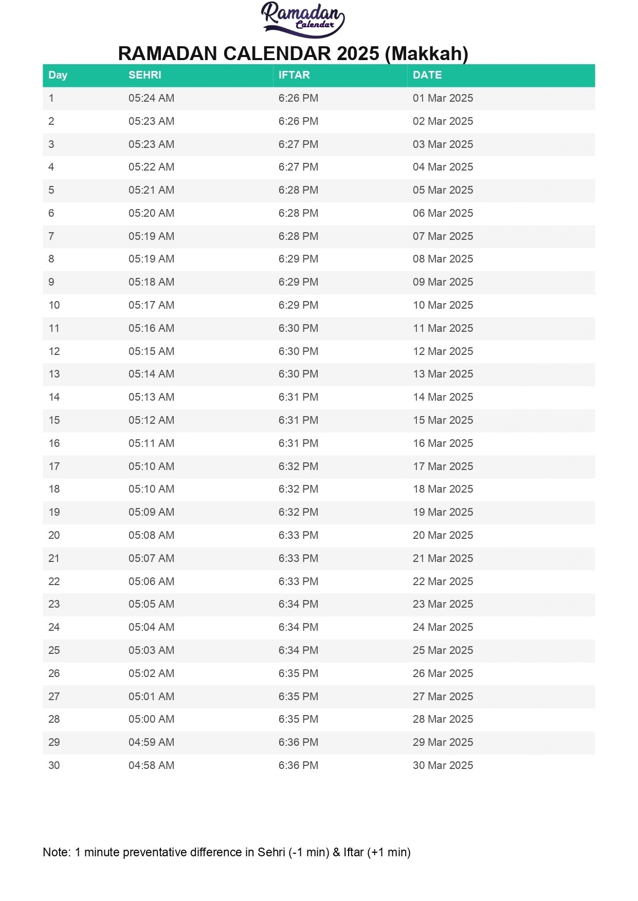 সৌদি আরবের মক্কা রমজানের রোজার ক্যালেন্ডার 2025