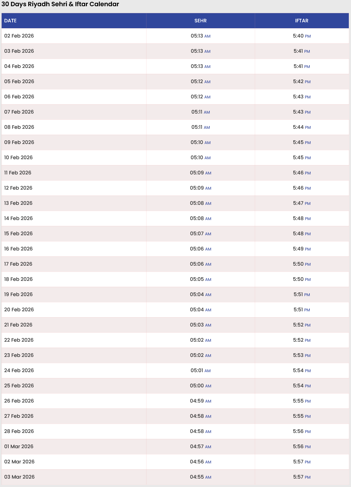 Riyadh Sehri & Iftar Time Today - Fasting Calendar 2026