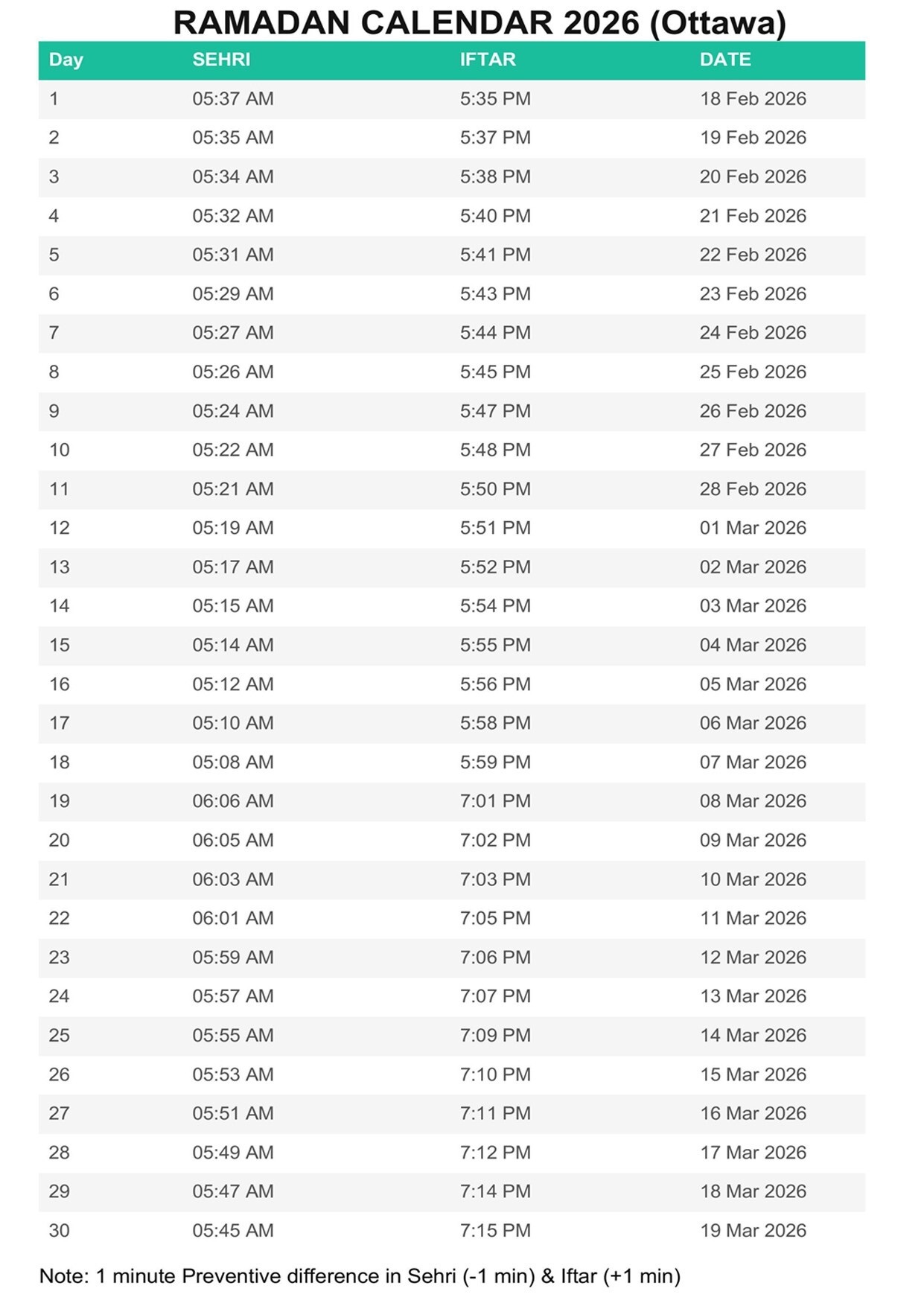 Canada Ramadan Calendar 2026