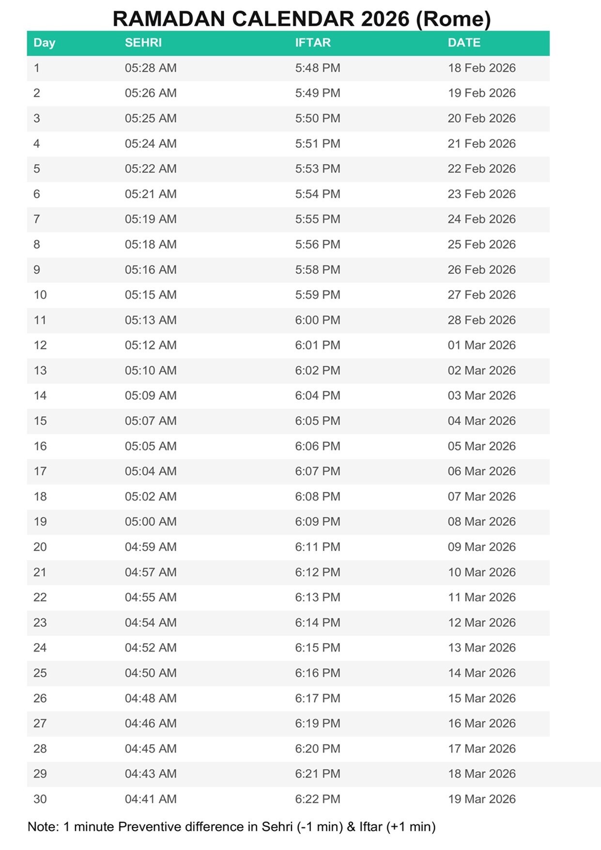 Italy ramadan calendar