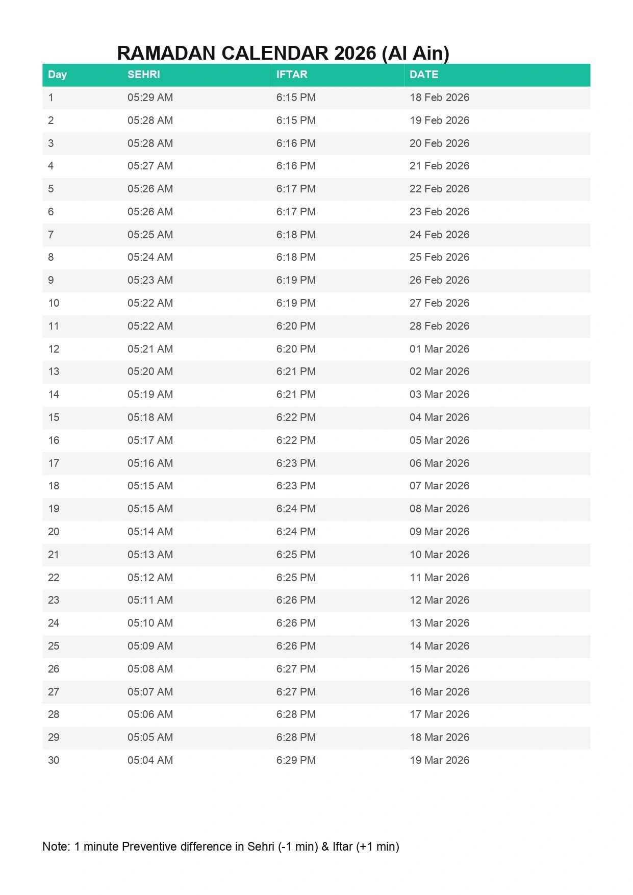 আরব আমিরাত আল আইন রমজানের সময় সূচি 2026