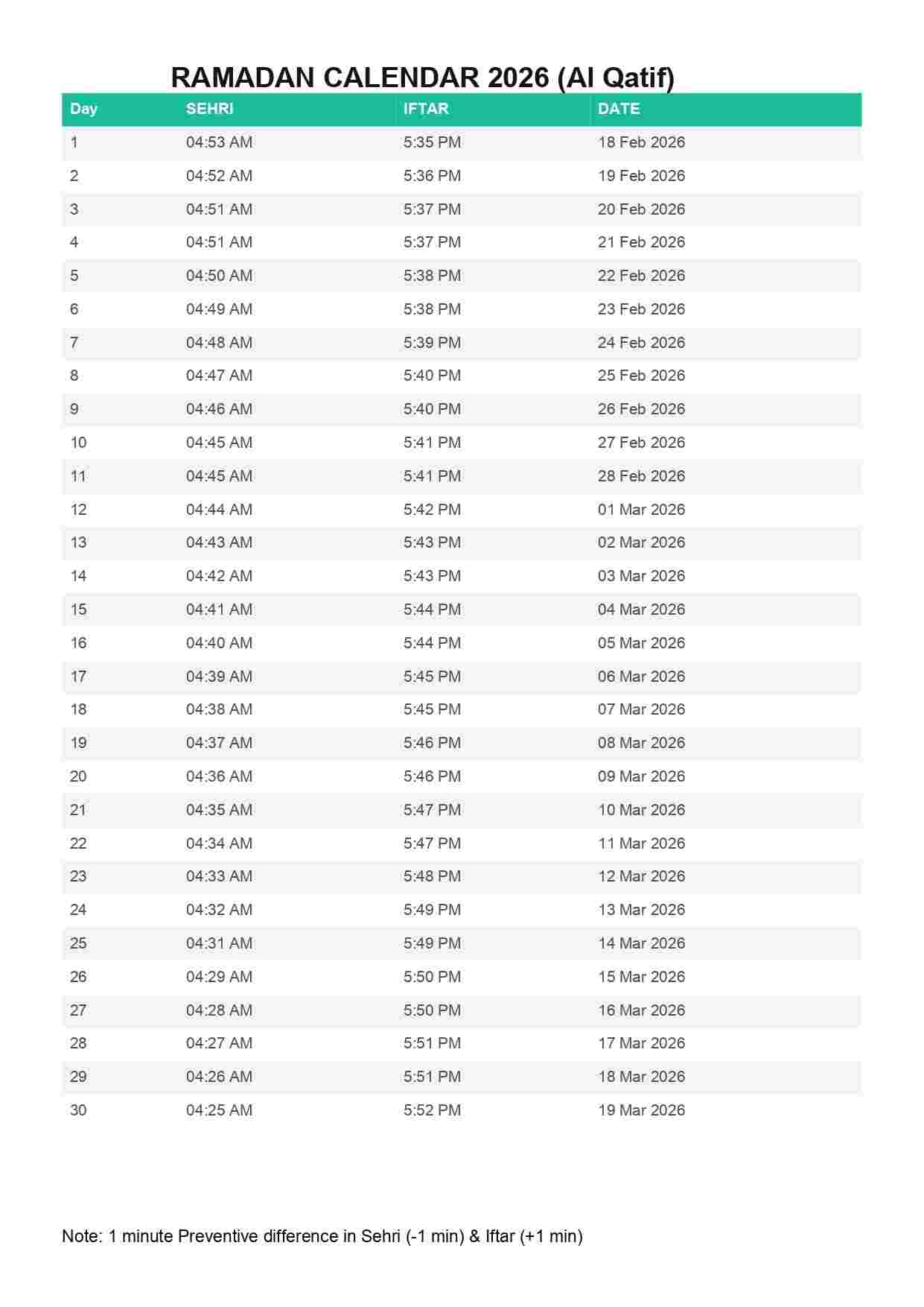 সৌদি আরবের কাতিফ রমজানের রোজার ক্যালেন্ডার 2026