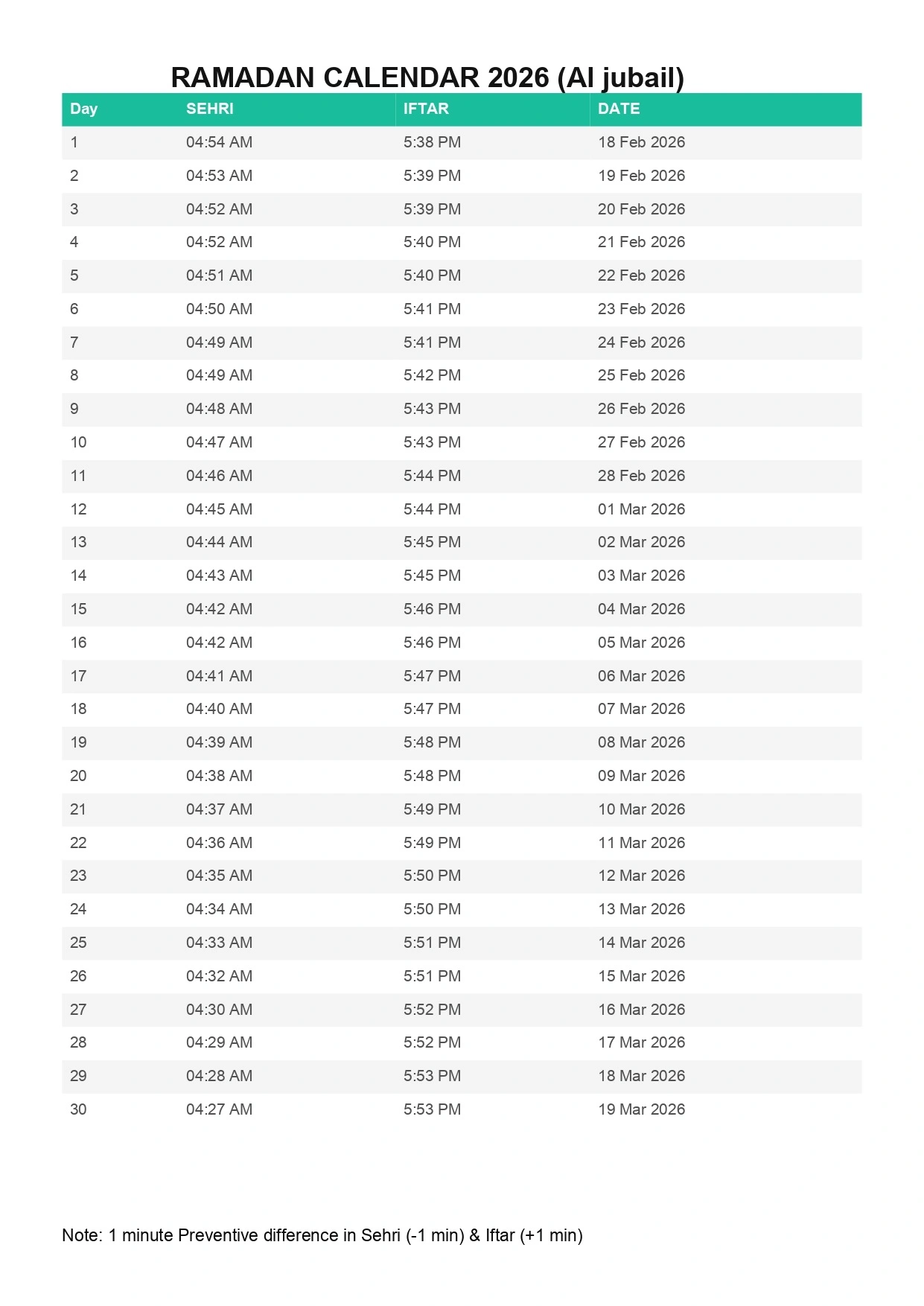 সৌদি আরবের জুবাইল রমজানের সময় সূচি 2026 ক্যালেন্ডার