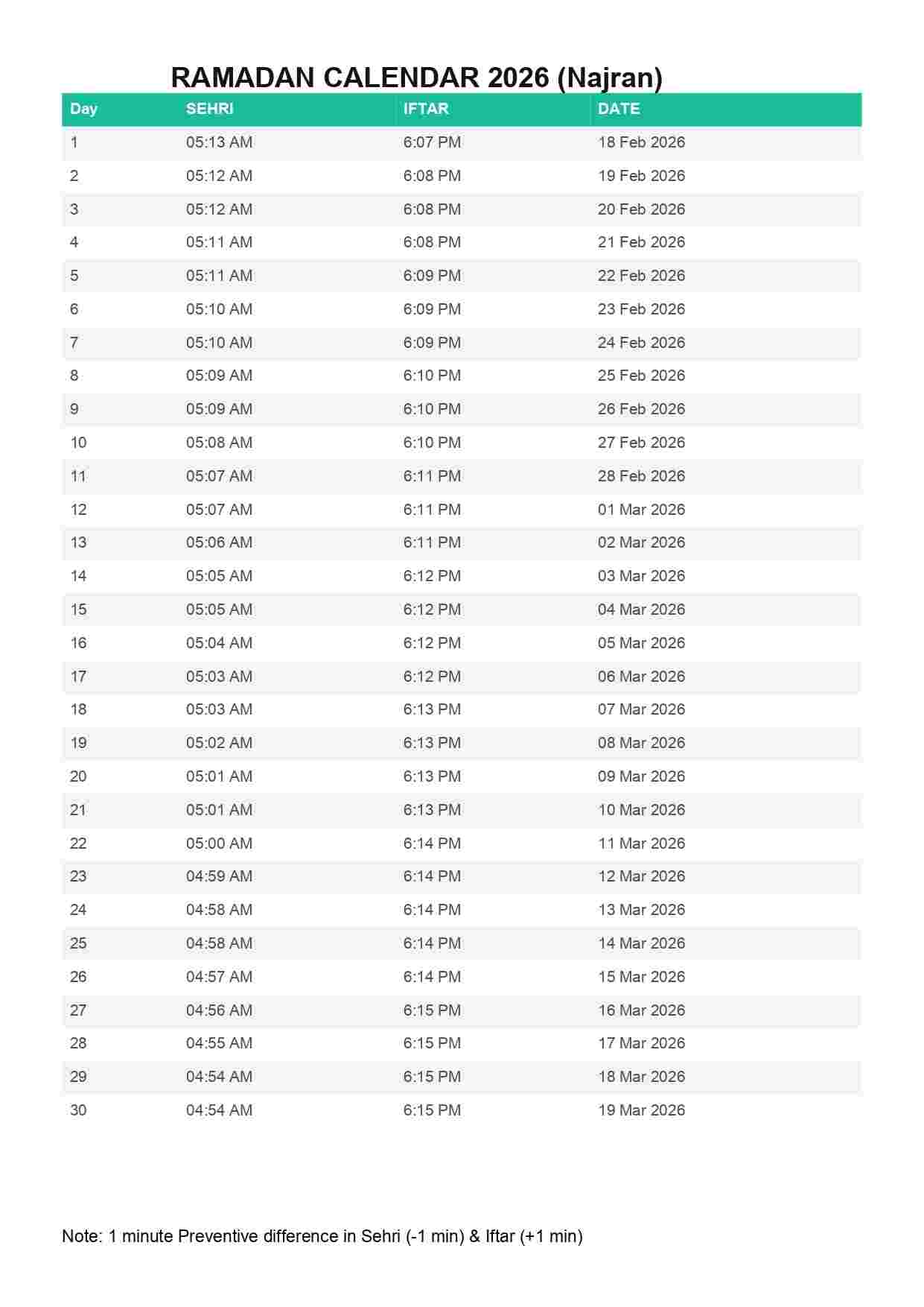 সৌদি আরবের নাজরান রমজানের রোজার ক্যালেন্ডার 2026